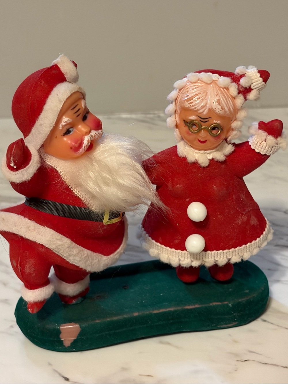 MCM Flocked Plastic Santa & Mrs. Clause Figures Cute Dancing Pair Holiday Decor